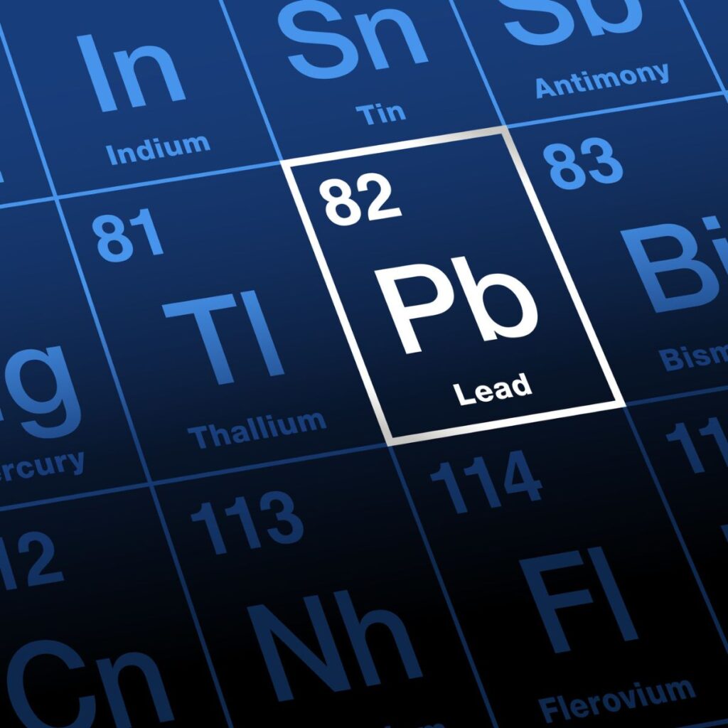 Graphic close-up of the periodic table highlighting the elements Titanium (Ti, 82), Lead (Pb, 83), and Bismuth (Bi, 83) with each element's atomic number and symbol in bold white text on a blue background