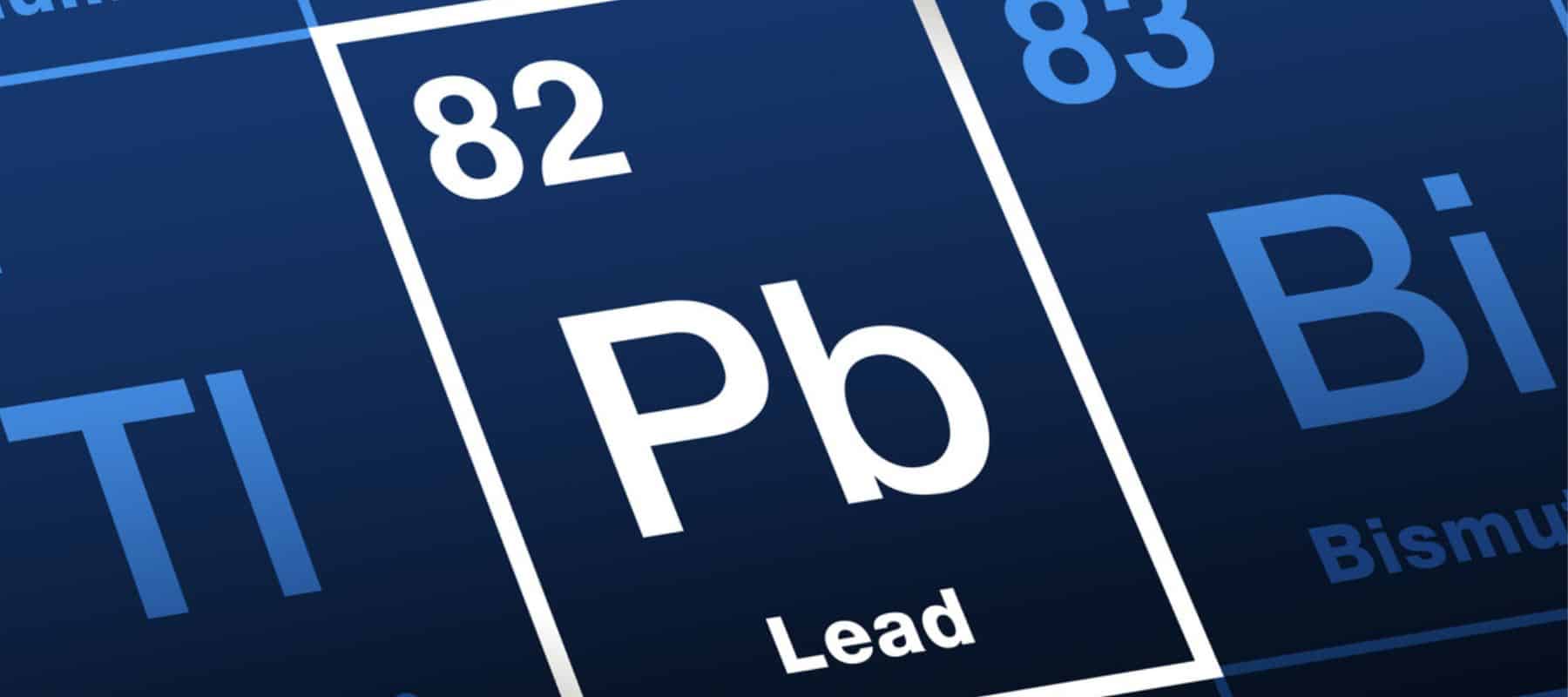 Graphic close-up of the periodic table highlighting the elements Titanium (Ti, 82), Lead (Pb, 83), and Bismuth (Bi, 83) with each element's atomic number and symbol in bold white text on a blue background.